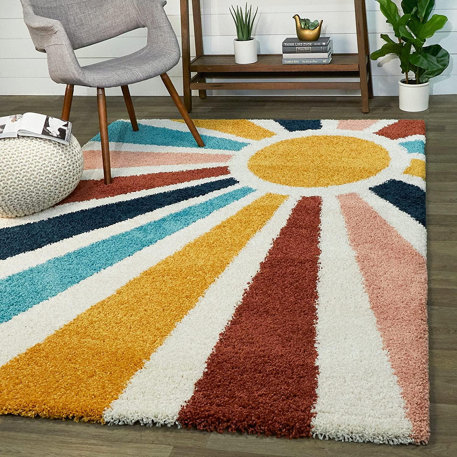Aura shaggy carpet rug with colorful sunburst pattern in a modern living room at Bhadohi Carpets House