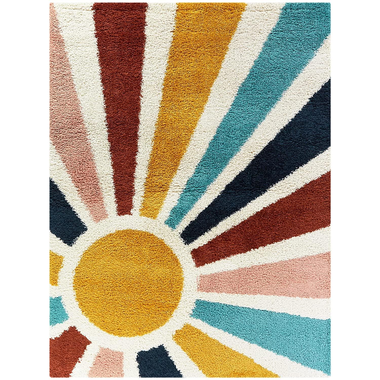 Multicolor Aura shaggy carpet rug with sunburst pattern, Bhadohi Carpets House