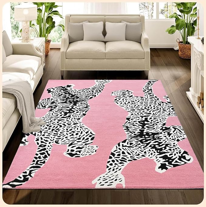 Baby Pink Handmade Climbing Jaguar Wool Area Rug