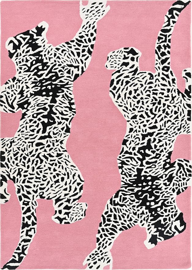 Baby Pink Handmade Climbing Jaguar Wool Area Rug