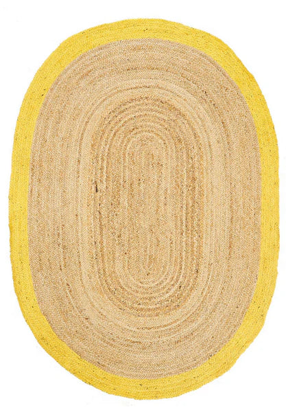 Beige & Yellow Oval Border Handmade Braided Jute Carpet