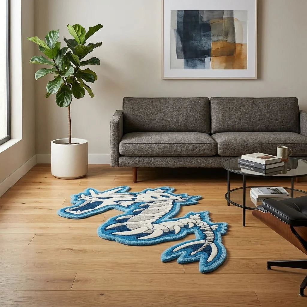 Blue & White Dragon Shaped Handmade Area Rug & Carpet