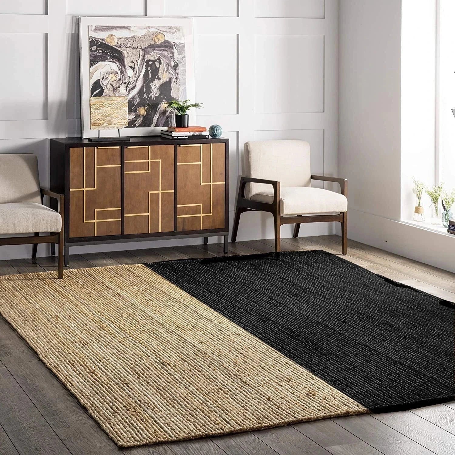 Black & Beige Color Handmade Braided Jute Carpet