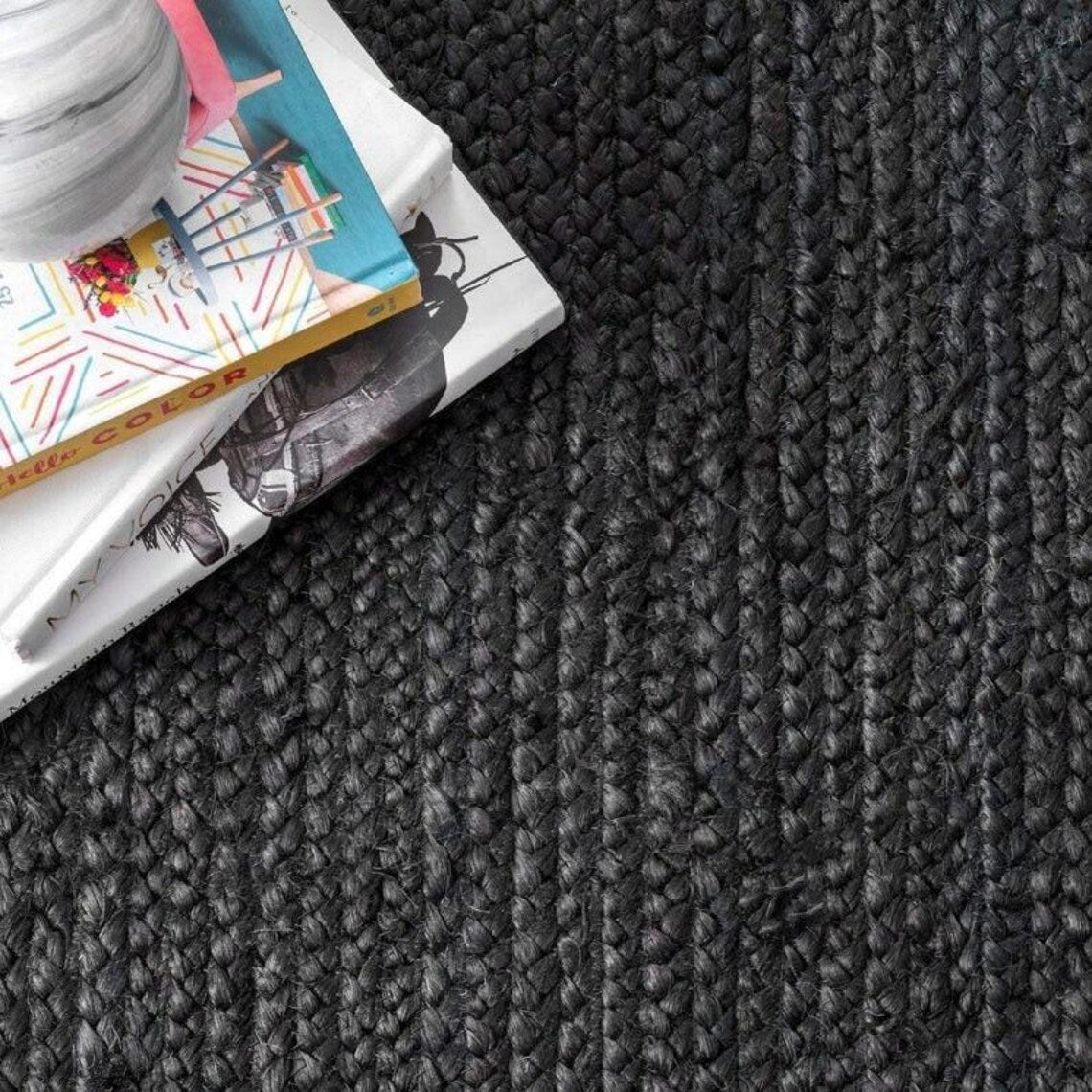 Black Color Handmade Braided Jute Carpet