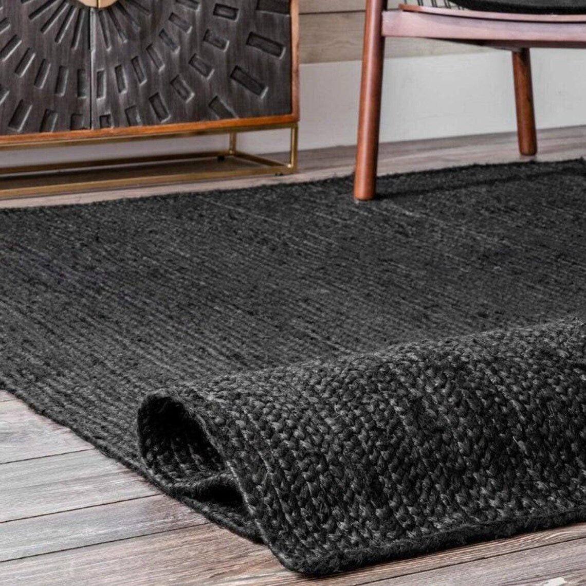 Black Color Handmade Braided Jute Carpet