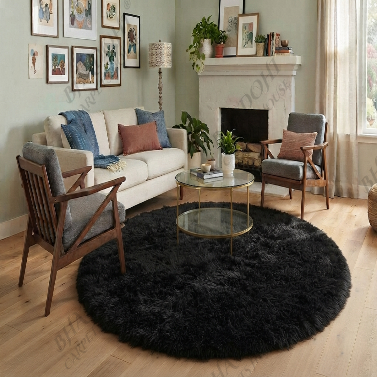 Black Soft & Fluffy Cloud Fur Round Carpet & Rug