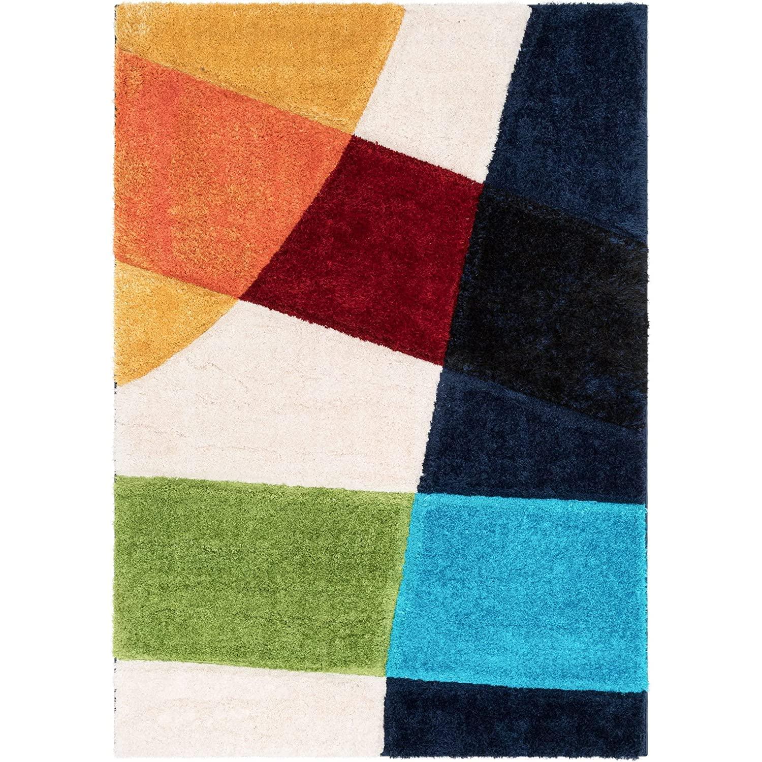 Modern multicolor shaggy carpet rug with geometric pattern from Bhadohi Carpets House