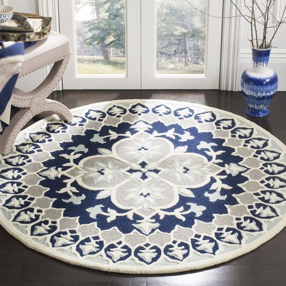 Blue Arc Round Wool Carpet & Rug