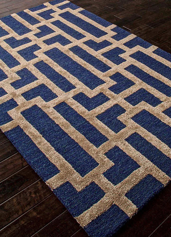Blue & Beige Viscose Silk & Wool Carpet & Rug