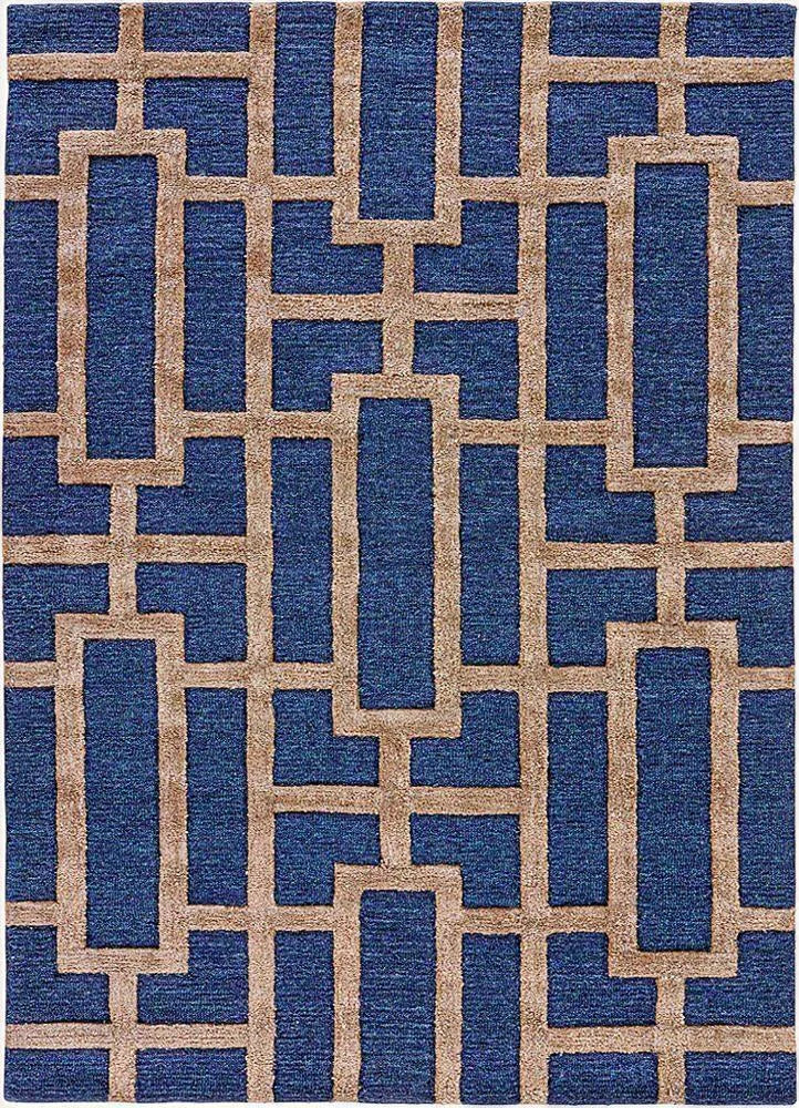 Blue & Beige Viscose Silk & Wool Carpet & Rug