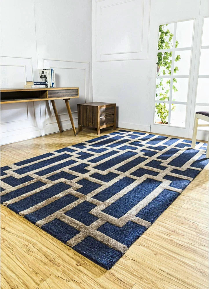 Blue & Beige Viscose Silk & Wool Carpet & Rug