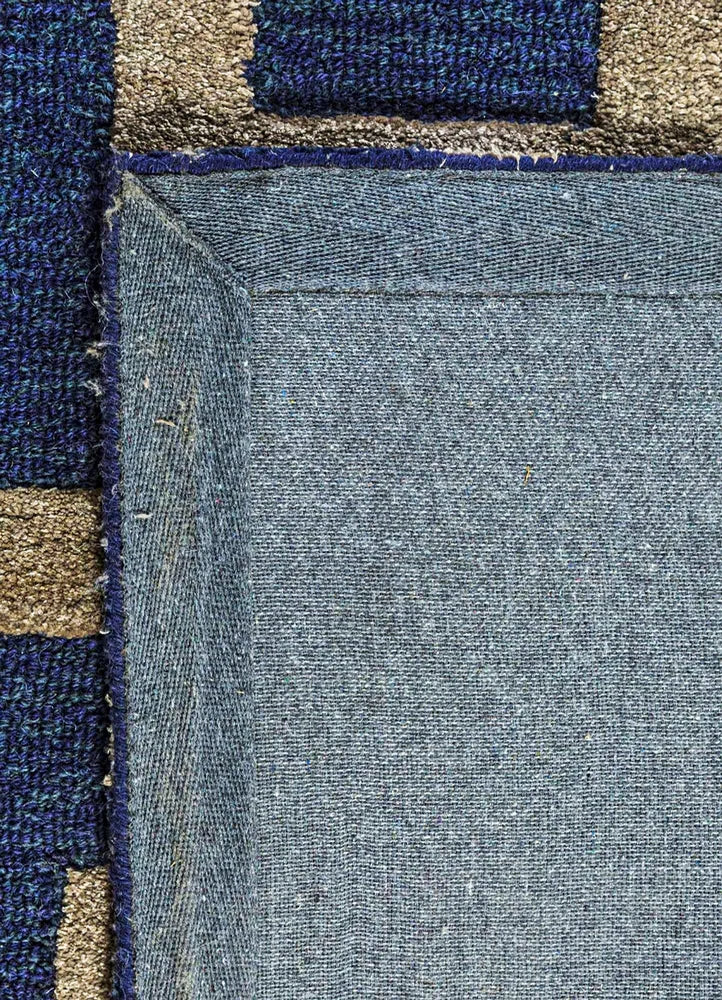 Blue & Beige Viscose Silk & Wool Carpet & Rug