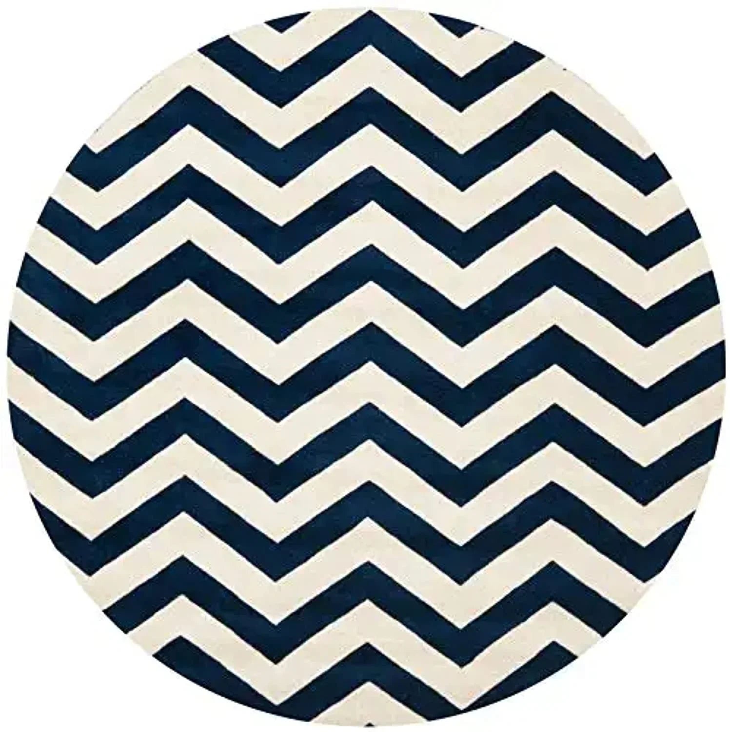 Round wool rug with blue and white zig zag pattern from Bhadohi Carpets House