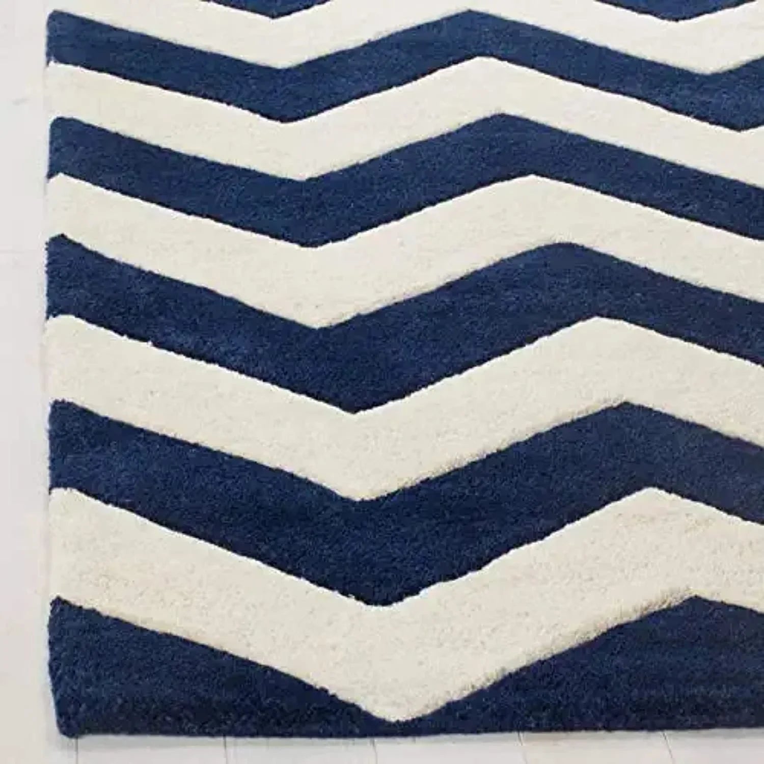 Blue and white zig zag wool carpet rug from Bhadohi Carpets House