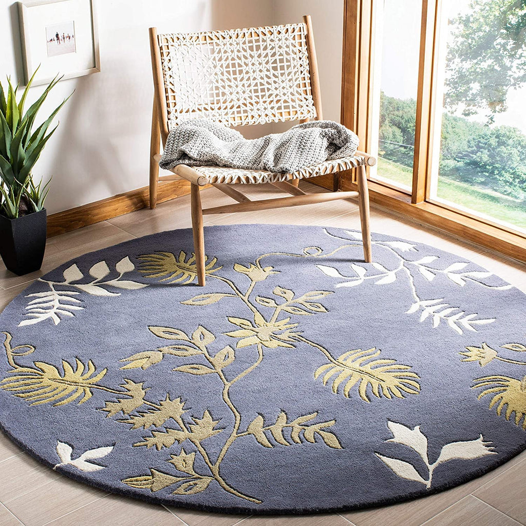 Blue Leaf Hand Tufted Round Rug