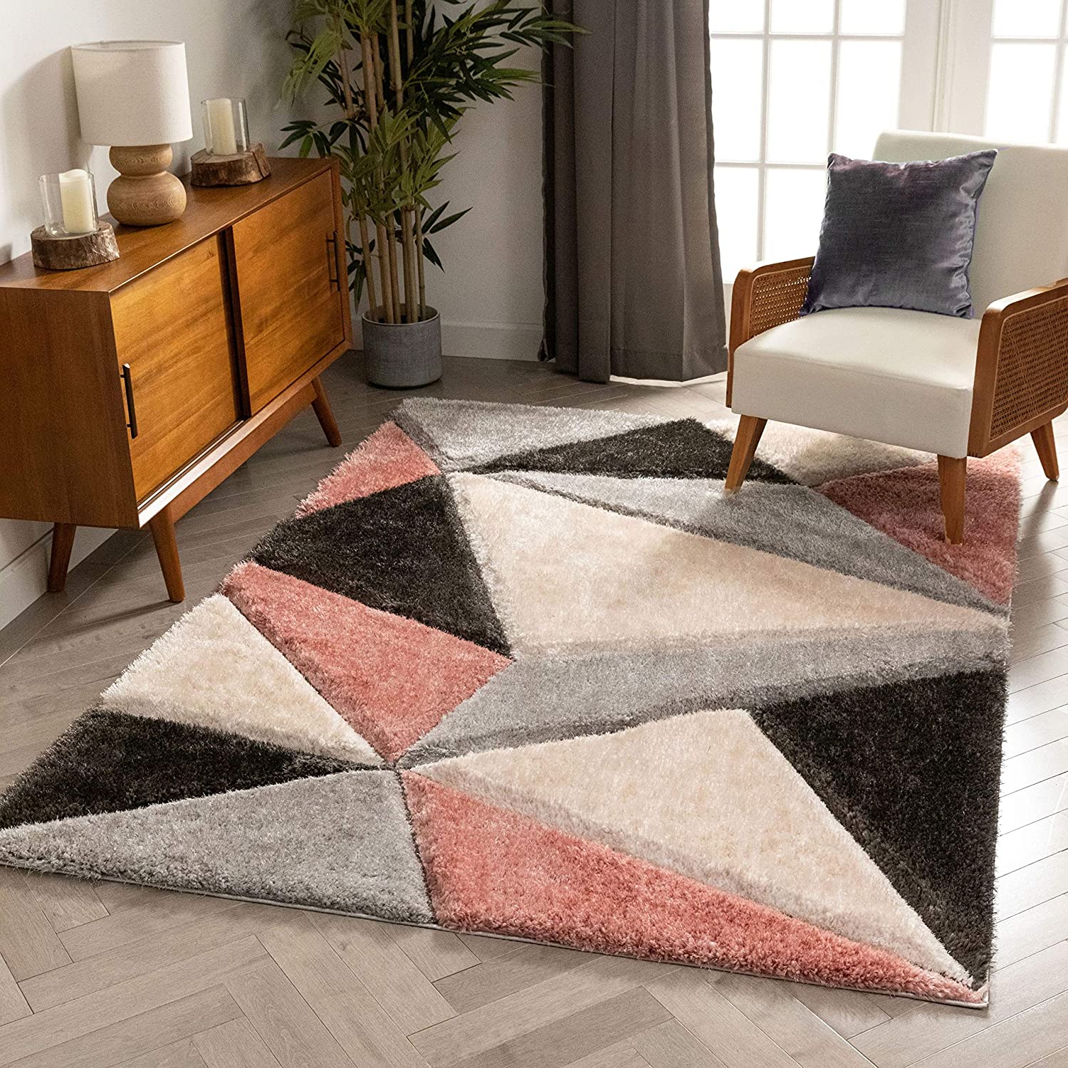 Black & Blush Shaggy Carpet | Luxurious Handmade Microfiber Area Rug