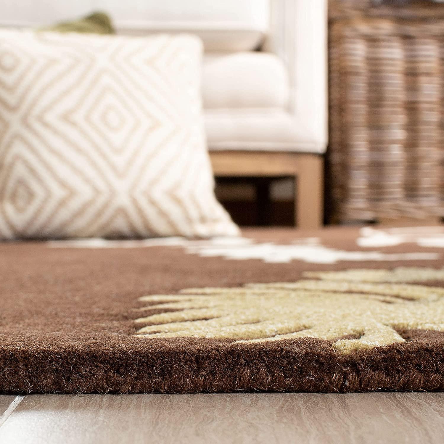 Brown round wool rug with leaf pattern in a modern living room, Bhadohi Carpets House style