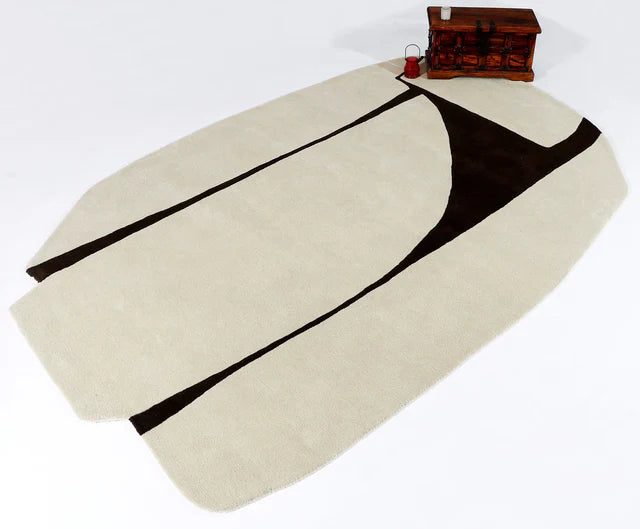 White & Black Color Premium Handmade Woolen Irregular Rug