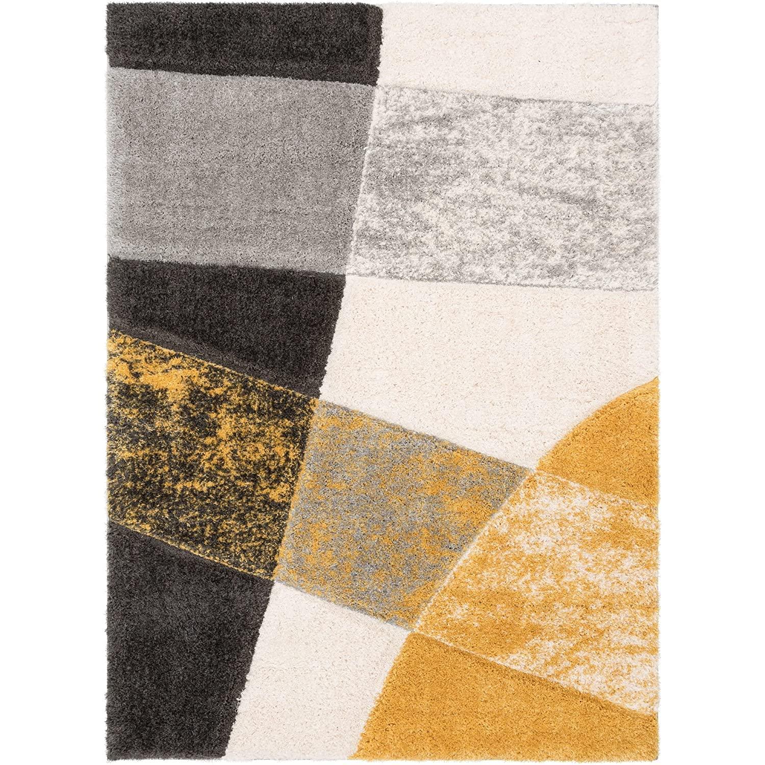 Modern shaggy carpet rug with abstract yellow, grey, and black geometric pattern from Bhadohi Carpets House