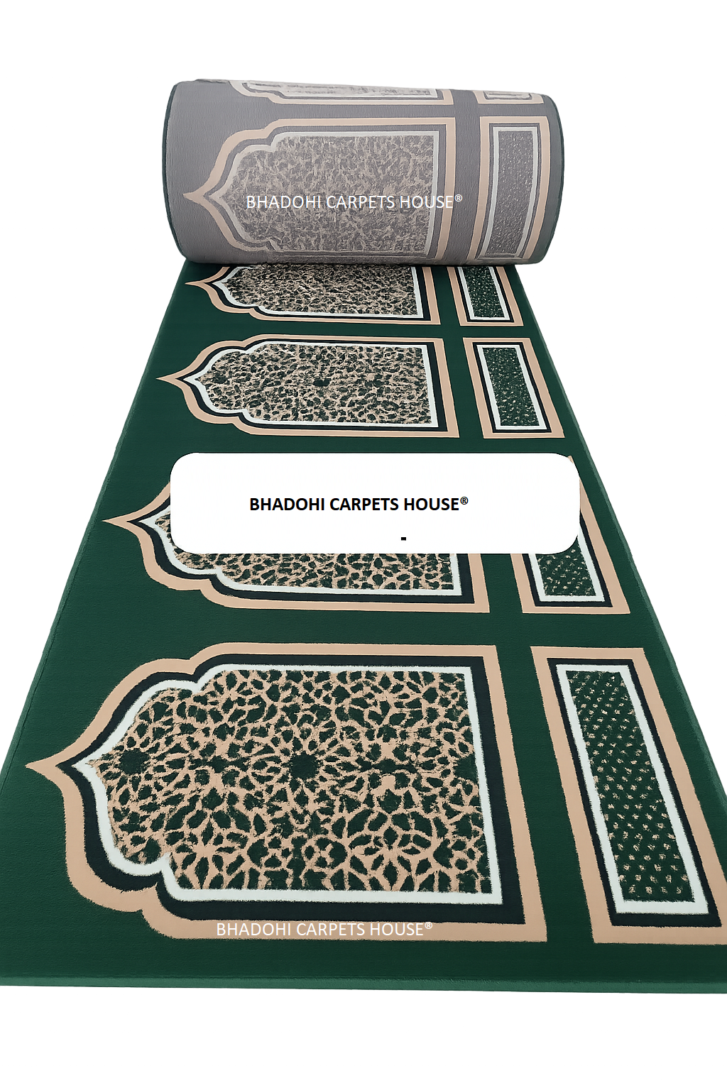 Green Color Masjid Prayer Carpet Roll – High-Pile 12mm Thick, Custom Sizes Available