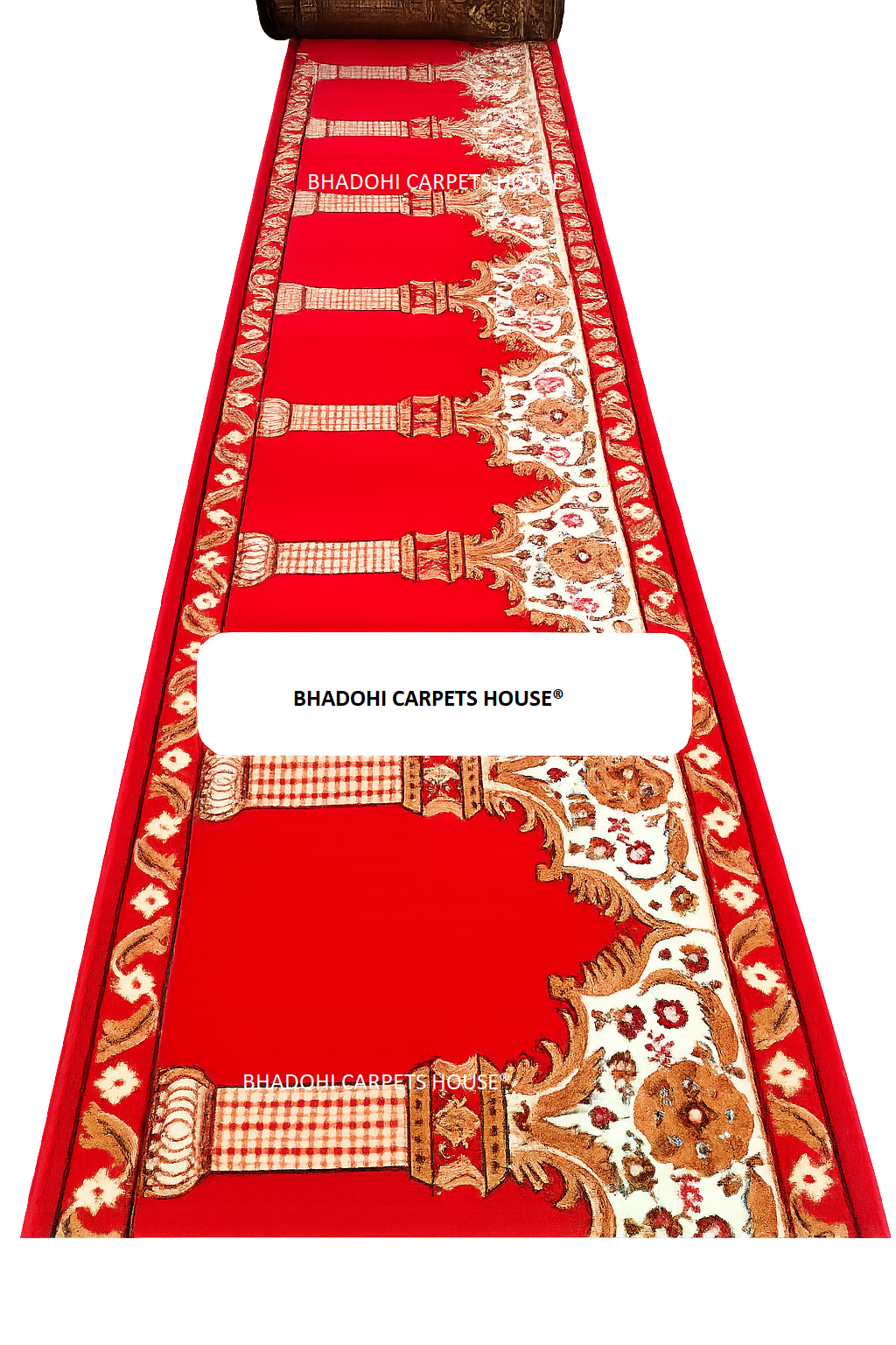 Red Color Masjid Prayer Carpet Roll – High-Pile 12mm Thick, Custom Sizes Available