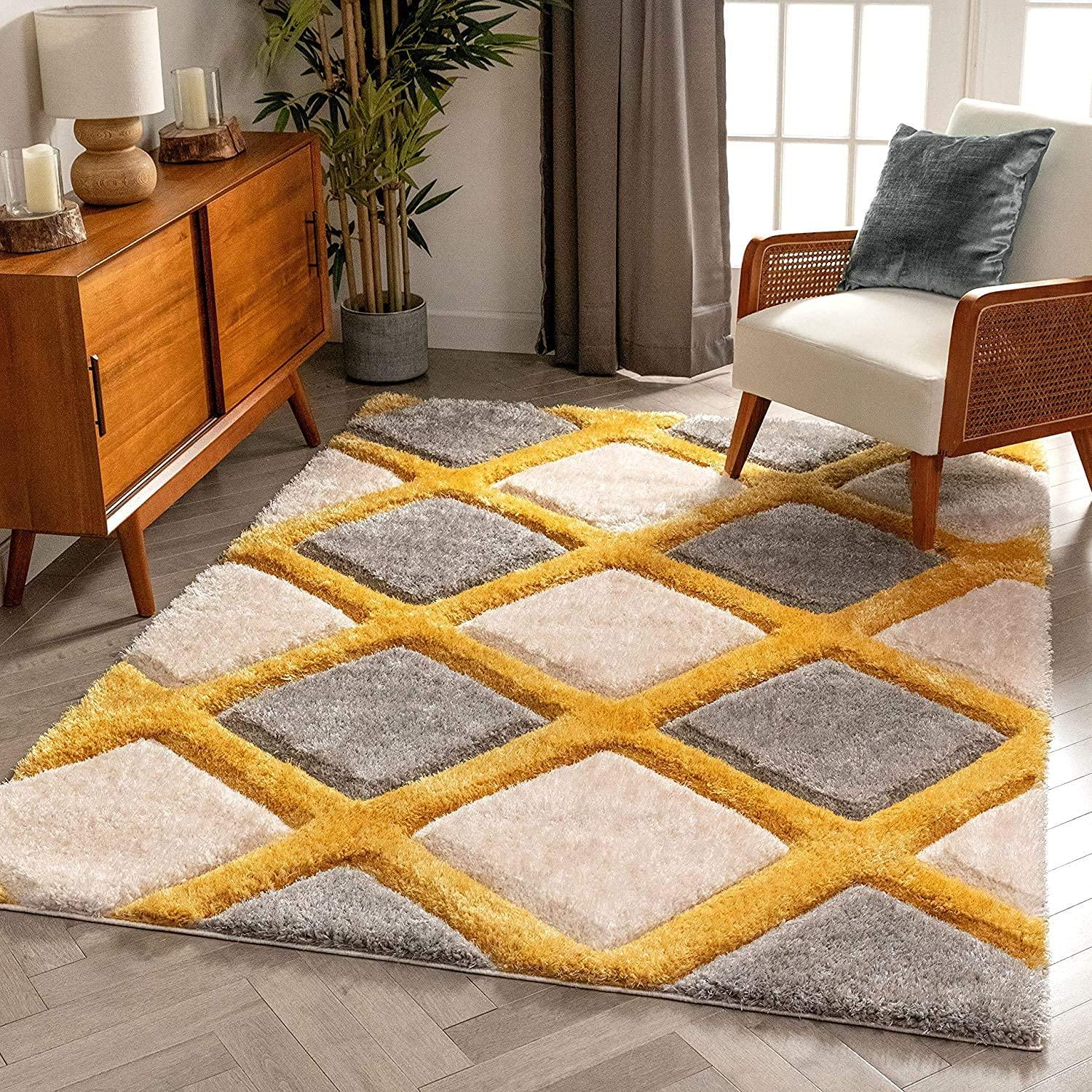 Shaggy geometric carpet rug with yellow, grey, and cream diamond pattern in modern living room