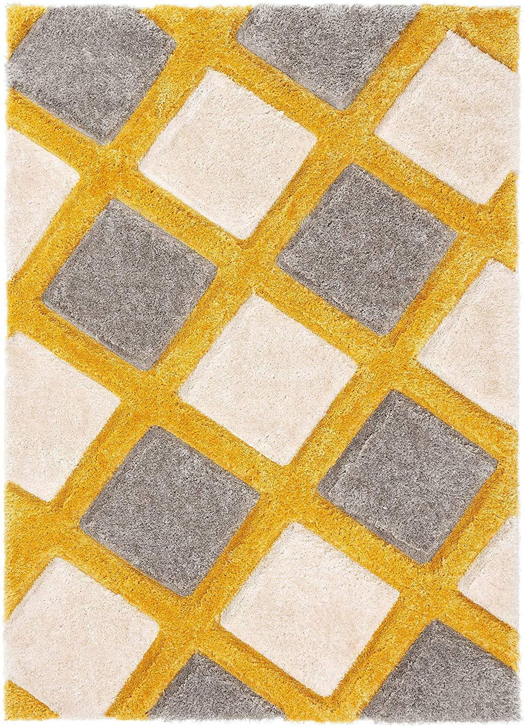 Modern shaggy carpet rug with yellow, grey, and beige geometric square pattern from Bhadohi Carpets House