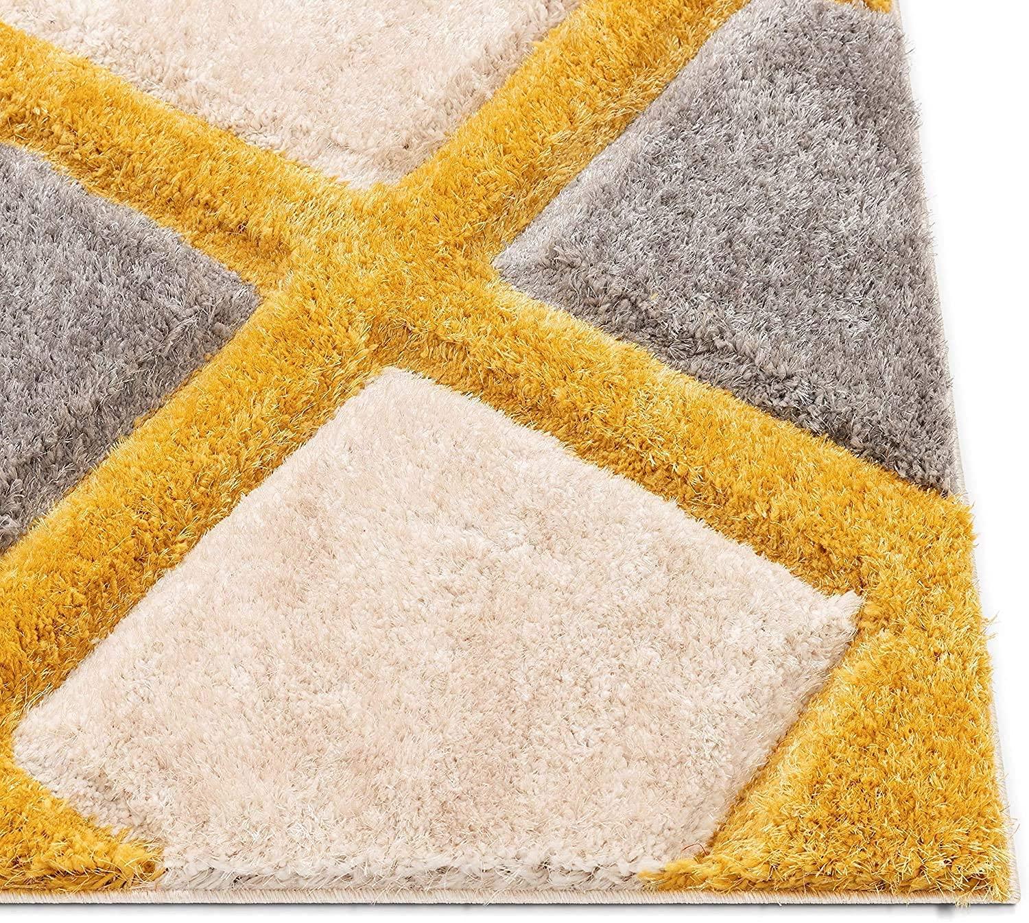 Shaggy carpet rug with geometric yellow, cream, and grey pattern from Bhadohi Carpets House