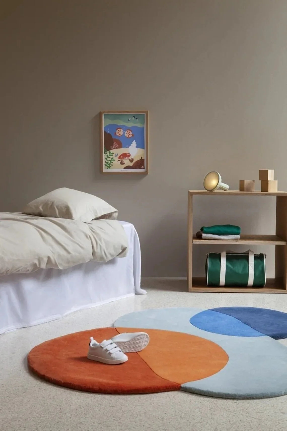 Modern bedroom with Bhadohi Carpets House abstract irregular multicolor rug on floor