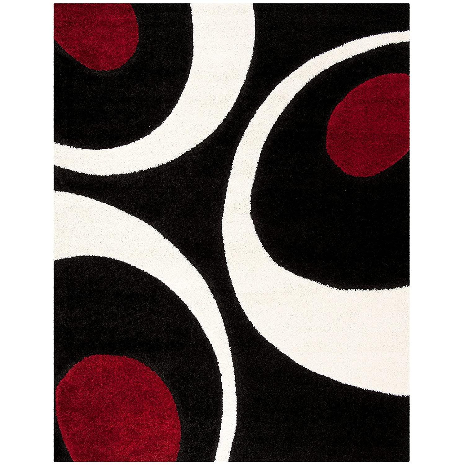 Modern shaggy carpet rug with black, white, and red abstract circles from Bhadohi Carpets House