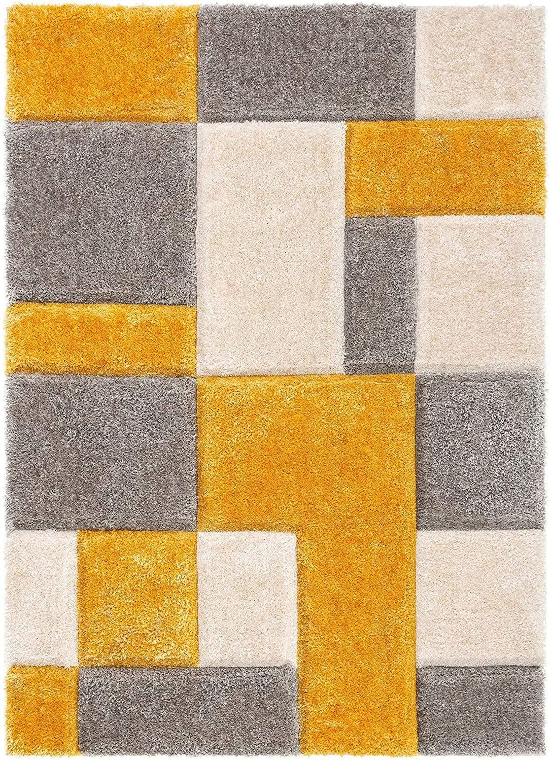 Shaggy geometric carpet with yellow, grey, and cream blocks from Bhadohi Carpets House