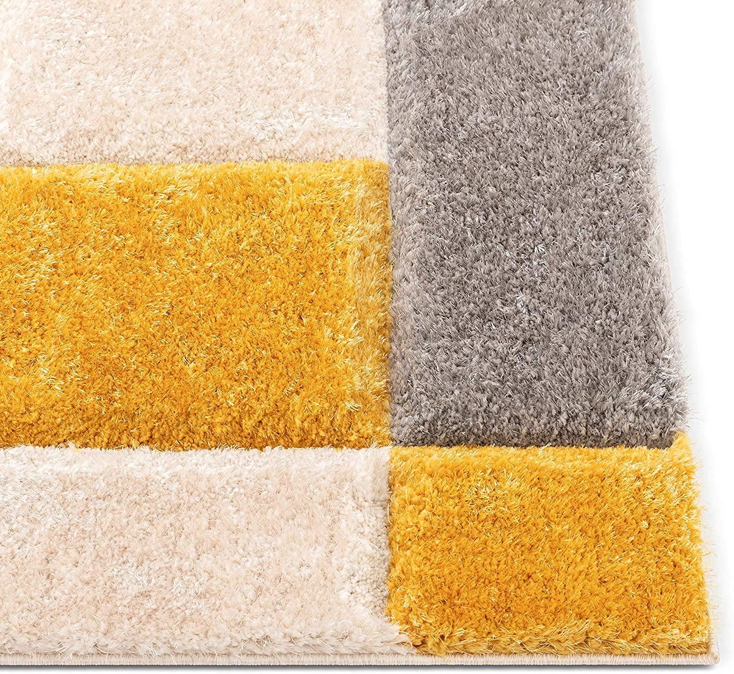 Premium shaggy carpet rug with yellow, grey, and cream blocks from Bhadohi Carpets House