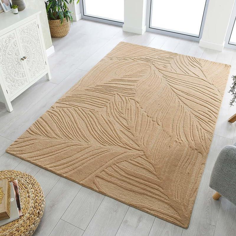 Beige cut loop carpet rug with leaf pattern in a modern living room from Bhadohi Carpets House