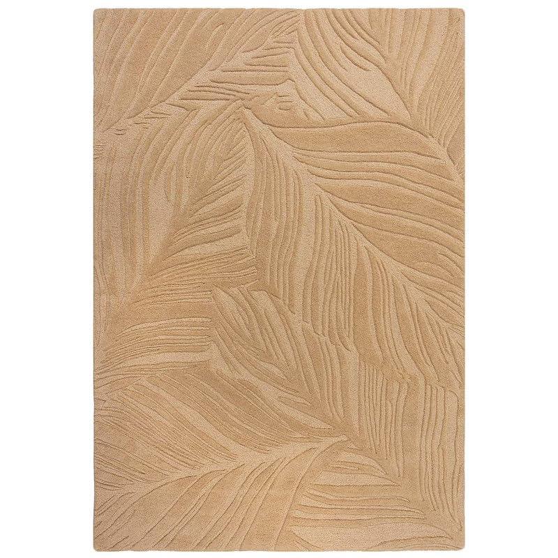 Beige hand-tufted cut loop carpet rug with textured leaf pattern from Bhadohi Carpets House