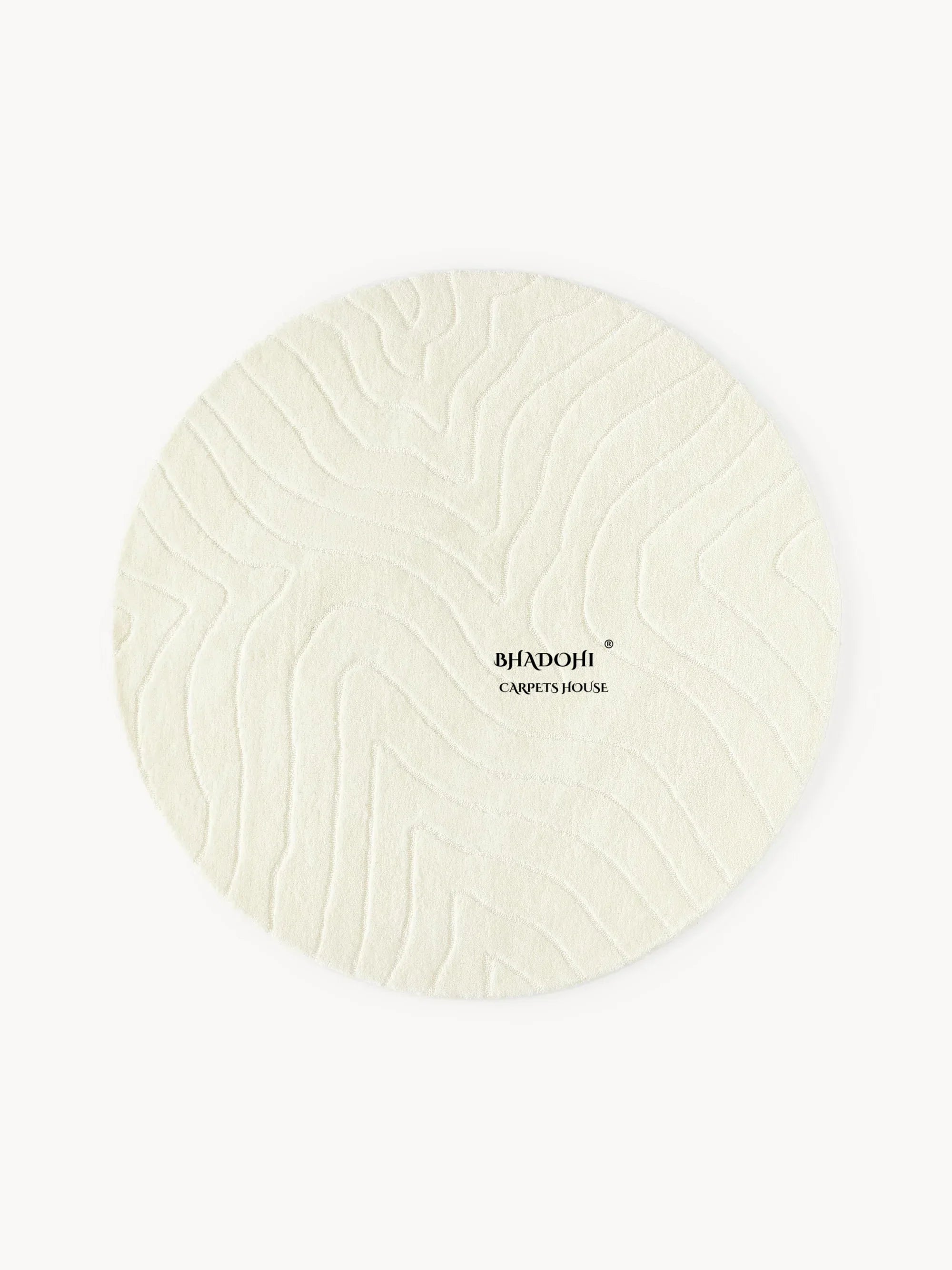 Round cream wool carpet with textured pattern, Bhadohi Carpets House branding in center