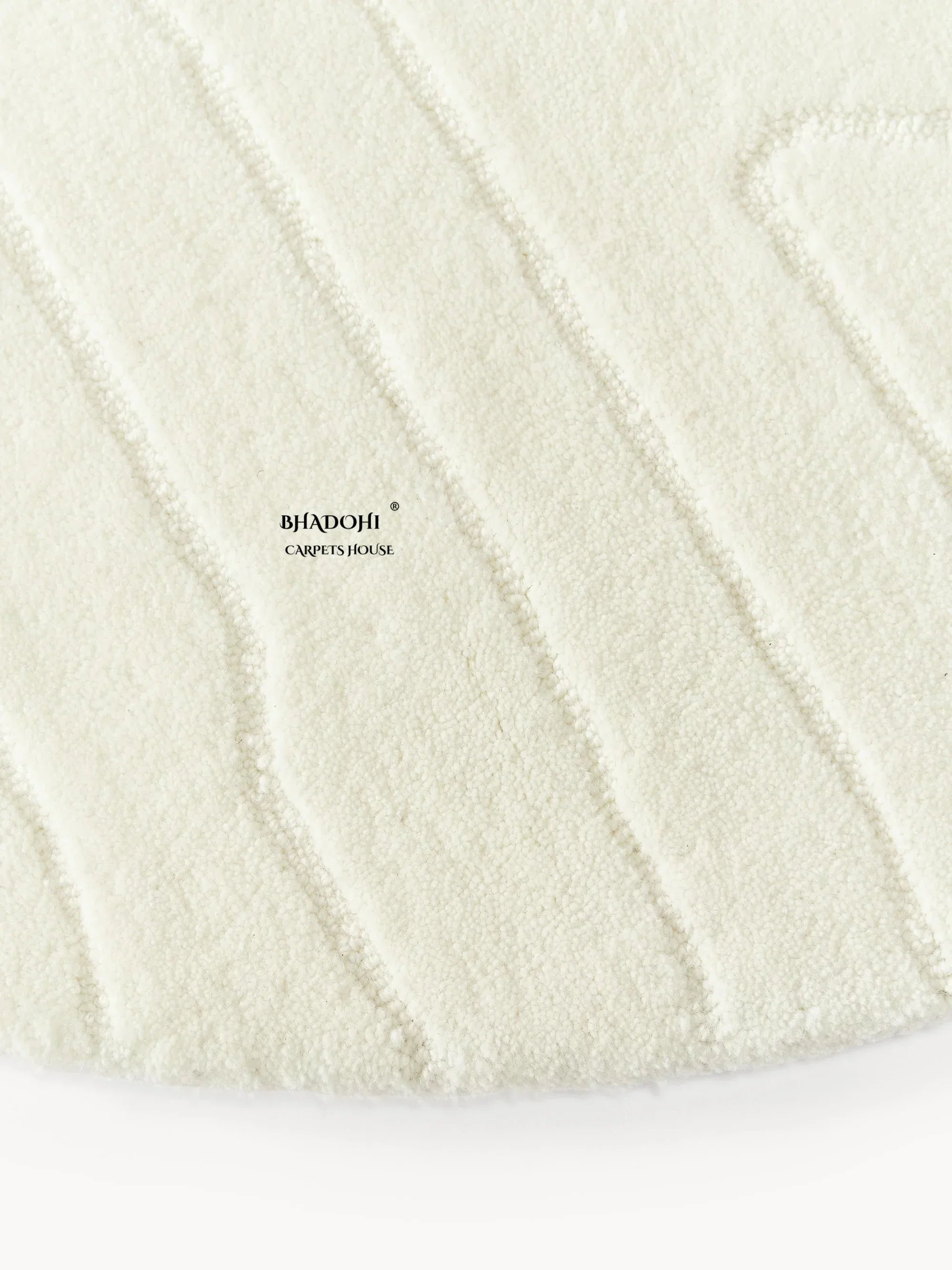 Round cream wool carpet rug with textured lines, Bhadohi Carpets House premium home decor