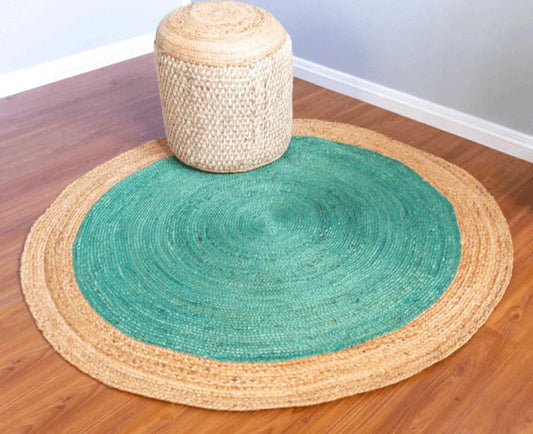 Cyan Border Round Handmade Braided Jute Rug