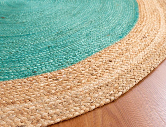 Cyan Border Round Handmade Braided Jute Rug