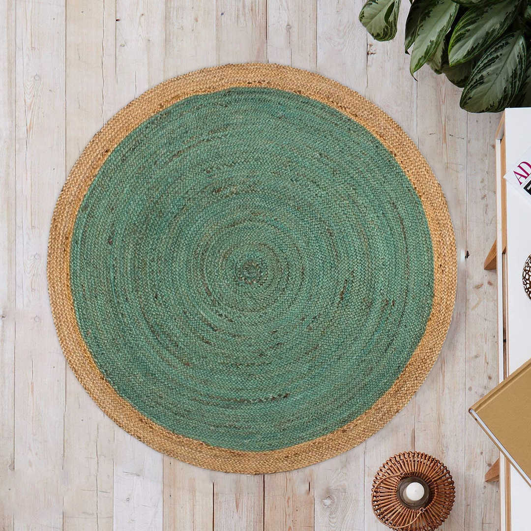 Dark Cyan Border Round Handmade Braided Jute Rug