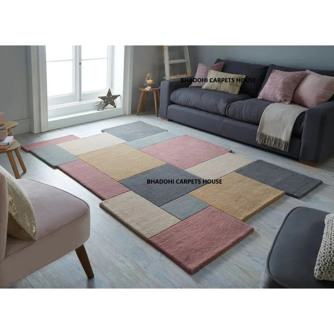 Modern living room with Bhadohi Carpets House multicolor irregular carpet rug on wood floor
