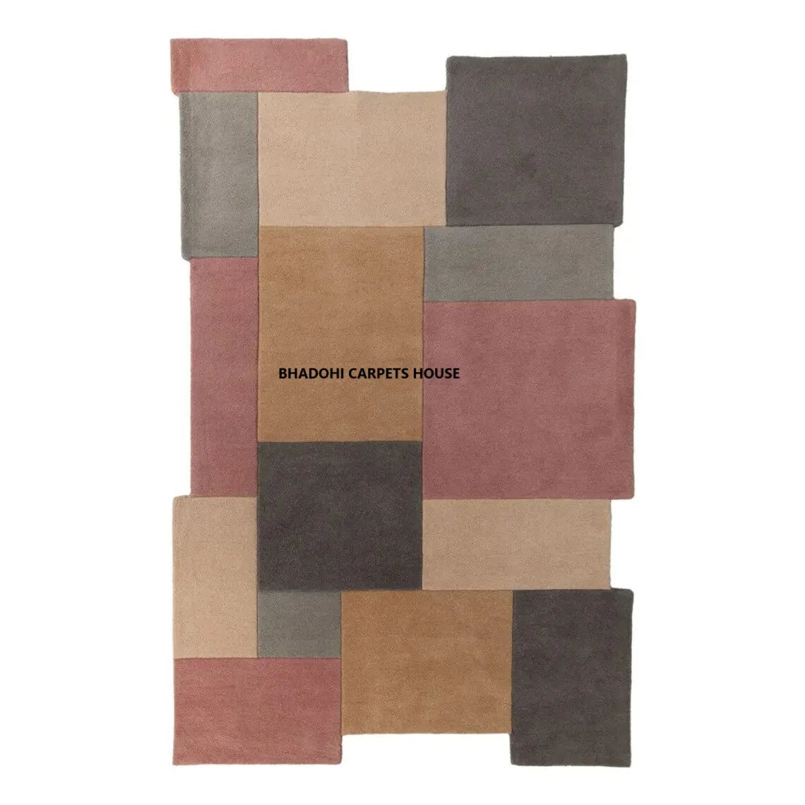 Modern rectangular carpet rug with geometric blocks in pink, beige, and brown by Bhadohi Carpets House