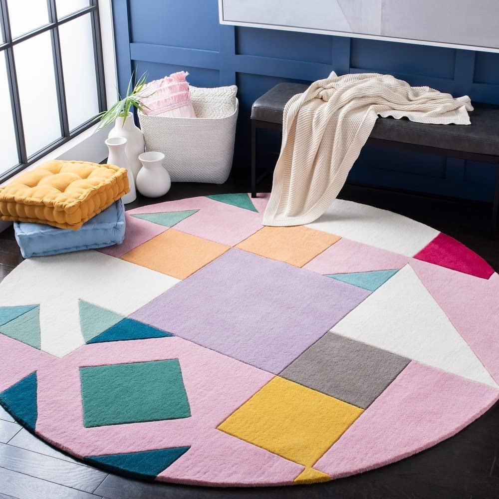 Colorful geometric round wool rug in modern living room, Bhadohi Carpets House decor