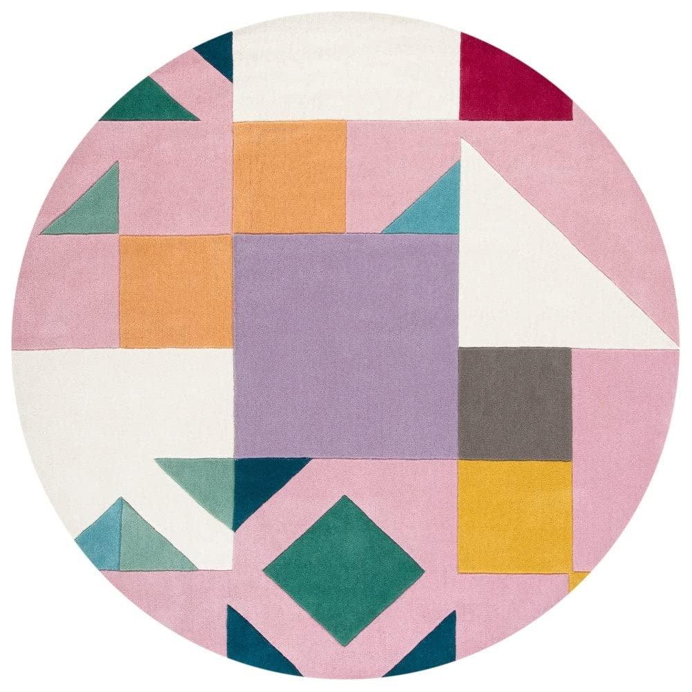 Round wool rug with colorful geometric pattern by Bhadohi Carpets House
