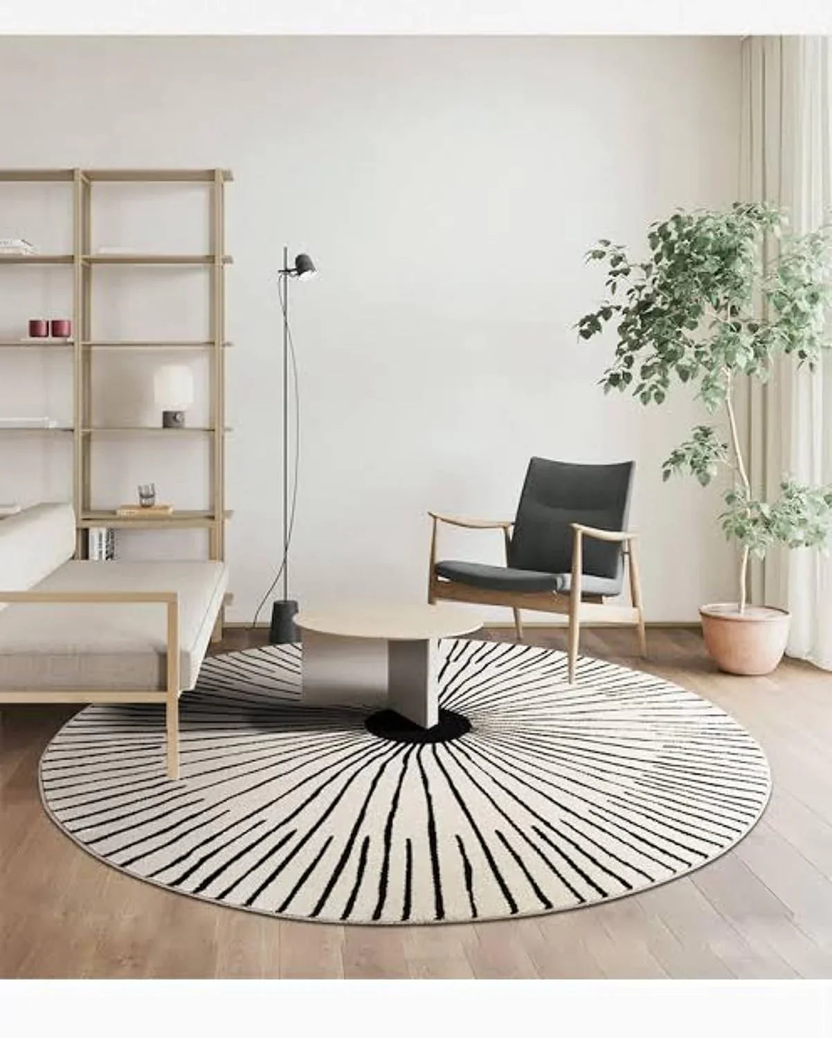 Ethno round wool carpet rug in modern Indian living room, Bhadohi Carpets House