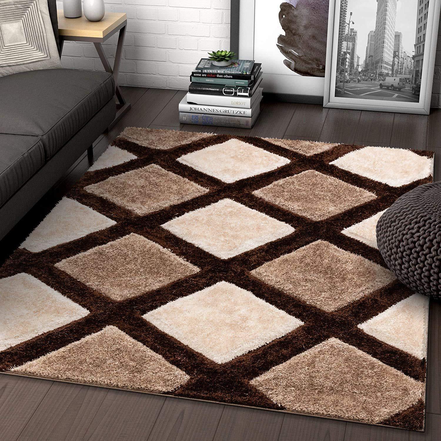 Modern brown and cream shaggy carpet rug in stylish Indian living room