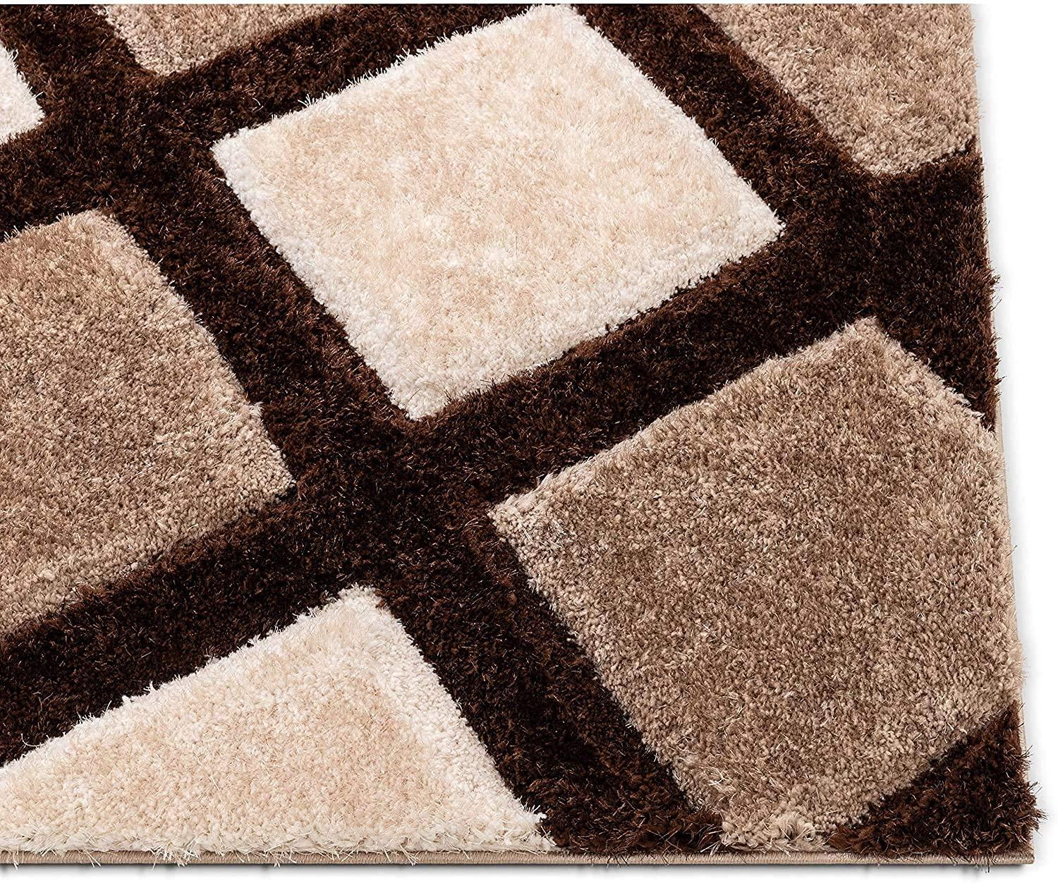 Shaggy carpet rug with beige and brown geometric pattern from Bhadohi Carpets House