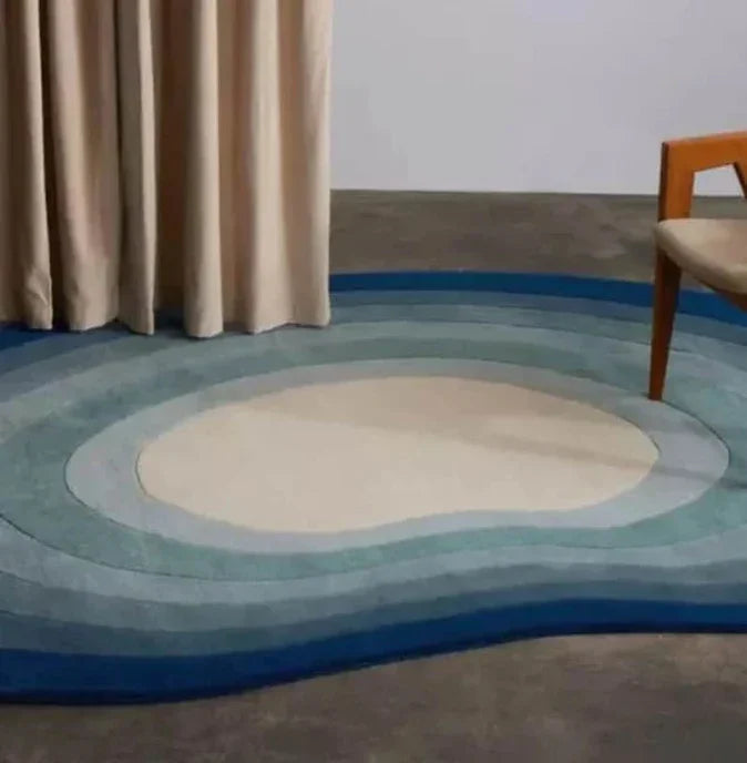 Modern blue and beige irregular carpet rug in a stylish living room, Bhadohi Carpets House