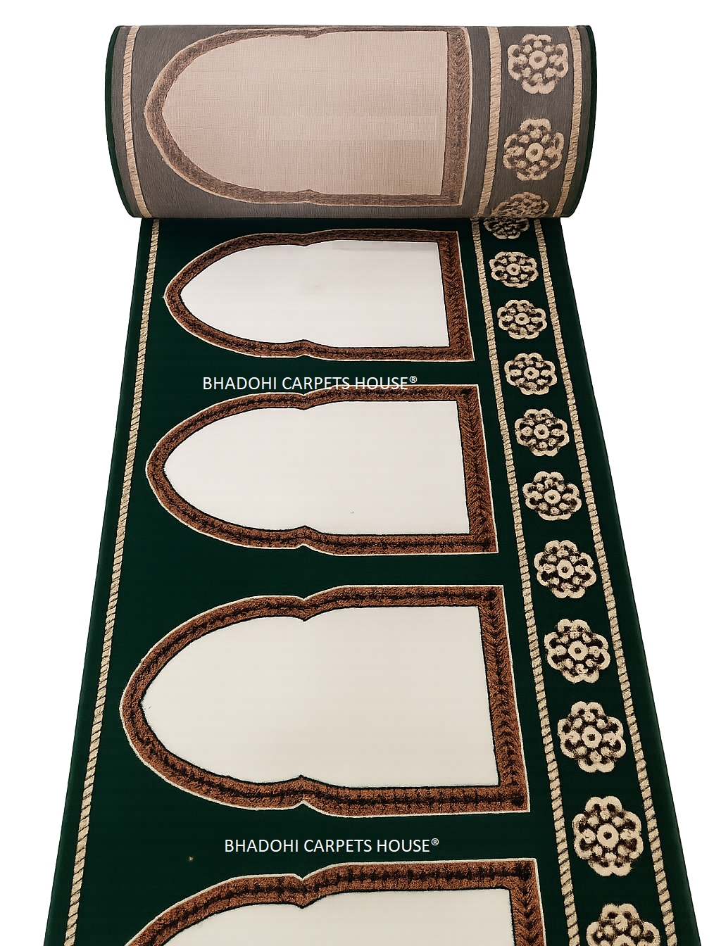 Green Color Masjid Prayer Carpet Roll – High-Pile 12mm Thick, Custom Sizes Available