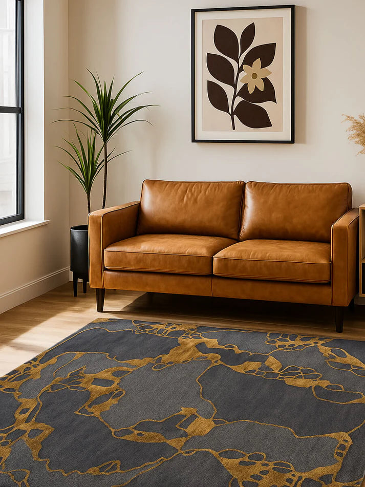 Grey & Gold Hand-Tufted Viscose Silk & Wool Rug