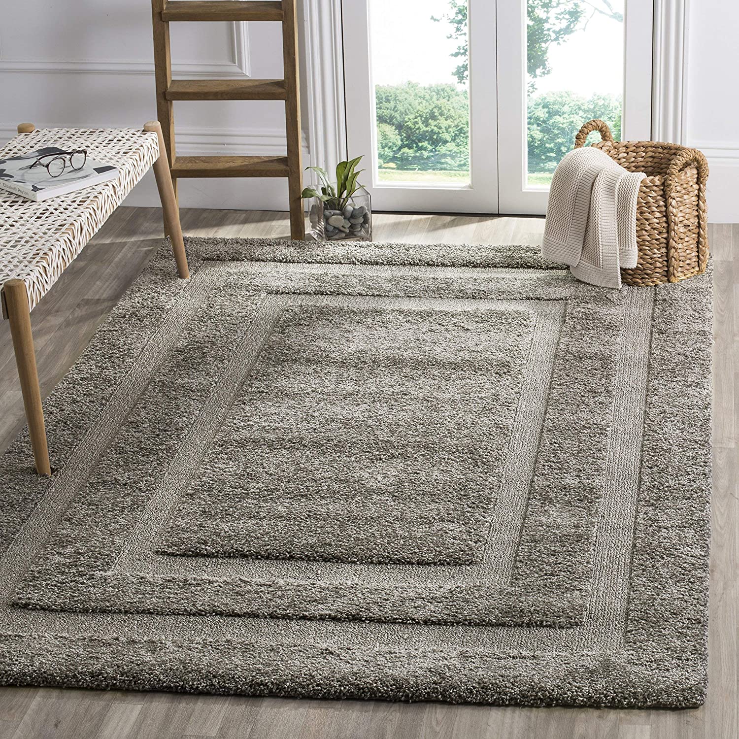 Dark Grey Frame Pattern Shaggy Carpet | Soft & Fluffy Microfiber Area Rug